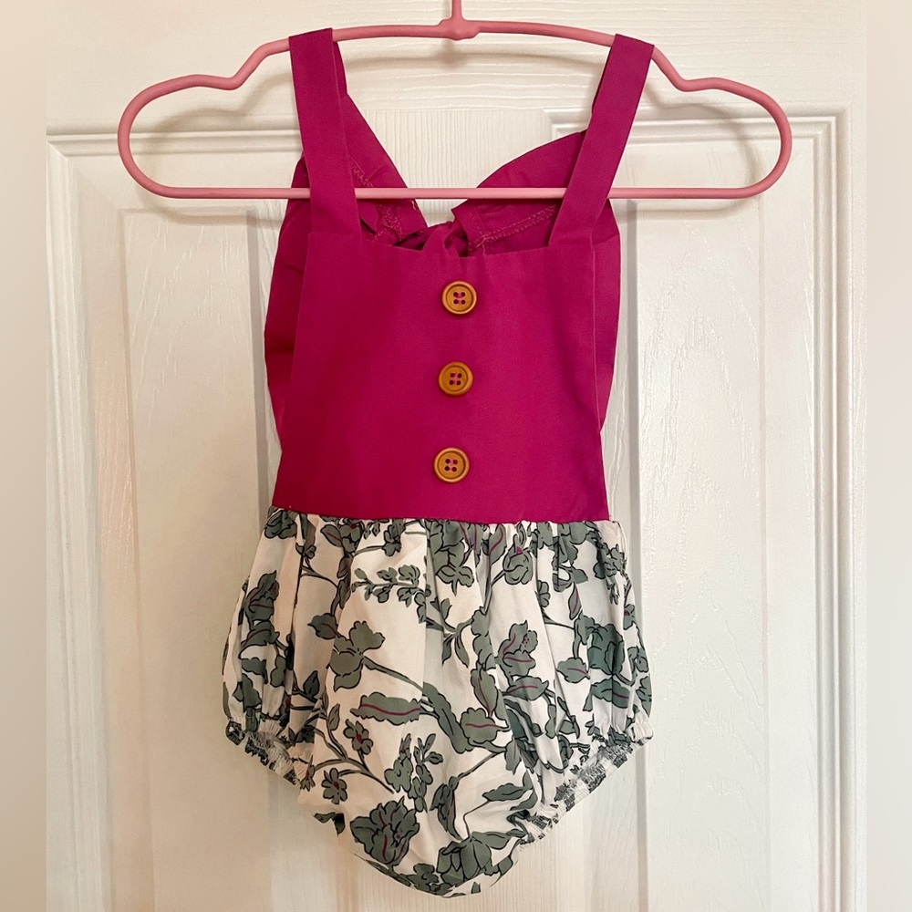 Bailey’s Blossoms Ann Marie Button Front Bubble Romper in Lipstick & White Vine